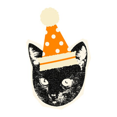 Funny pixel cat in party hat. Festive sticker with vintage texture.
