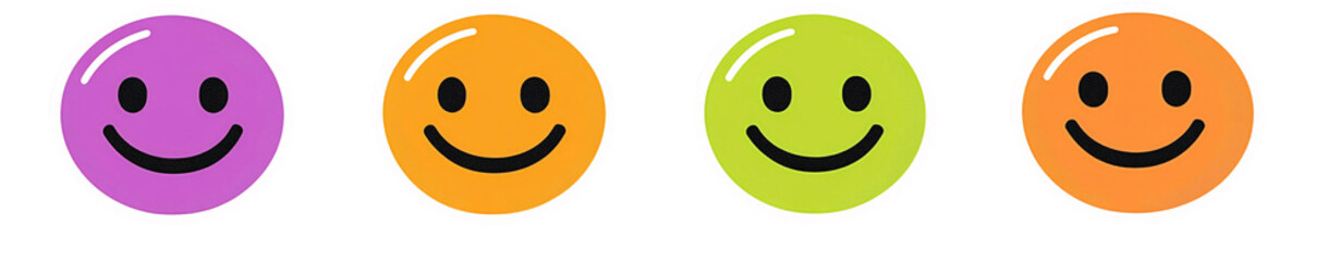 Fototapeta premium happy face smiley icons in shades of purple, orange, pink, and green on a transparent background
