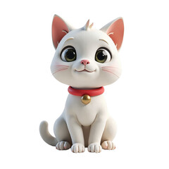 Adorable 3D rendered cartoon white kitten wearing a red collar with a gold bell, sitting and looking up. Perfect for children's books, websites, and apps.
