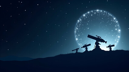 Naklejka premium Minimalist wallpaper design featuring abstract telescope silhouettes and starry digital overlays symbolizing space telescope missions advanced astronomical observations innovative optical technology i