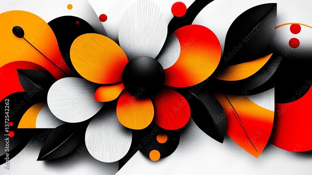 Poster abstract flower is constructed from layered colorful shapes with overlapping design elements against