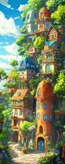 Fototapeta premium Enchanted village nestled in lush greenery, whimsical houses climb a tree-covered hill under a vibrant sky. Perfect for fantasy, fairytale, or children's book illustrations.