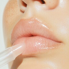 Fototapeta premium A close-up photo of a woman's lips, onto which a smooth, high-quality lip serum is gently applied. The clear, matte applicator tip glides over the lips, enhancing their natural shine and smoothness.