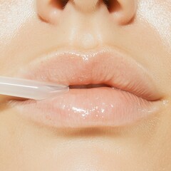 Fototapeta premium A close-up photo of a woman's lips, onto which a smooth, high-quality lip serum is gently applied. The clear, matte applicator tip glides over the lips, enhancing their natural shine and smoothness.