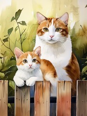 Two orange and white cats pose together by a wooden fence, surrounded by greenery, creating a warm and charming scene.