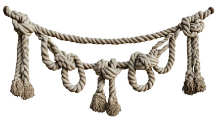 Close-up of a twisted jute rope tied in a knot with strong fibers, isolated against a white background, showing the strength and nautical connection of the cord © Sasinipha