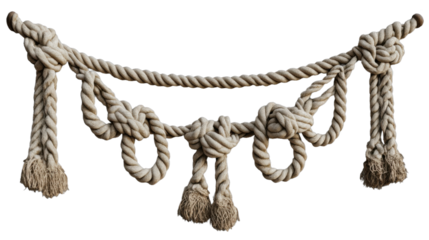 Close-up of a twisted jute rope tied in a knot with strong fibers, isolated against a white background, showing the strength and nautical connection of the cord