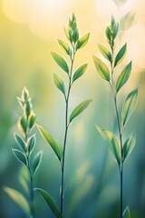 Fototapeta premium Serene close up of vibrant green plant stems with delicate leaves bathed in soft sunlight and bokeh background creating a calming and natural atmosphere