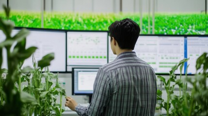 A data scientist designing AI driven systems for predictive crop yield forecasting, high-tech agricultural lab with live crop data, High-tech style