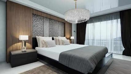 smooth rotating camera shot modern bedroom interior capturing elegant double bed setup beautifully animated ultra HD 3D visualization