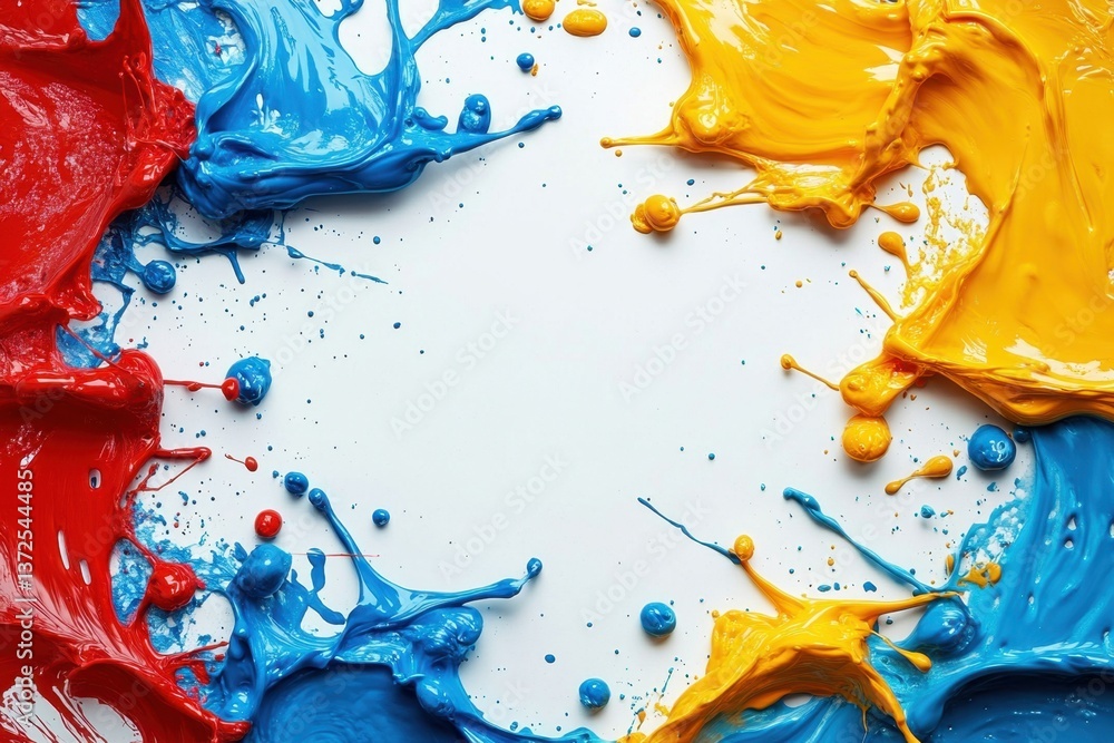 Poster vibrant paint explosion on white backdrop creating dynamic splash of color in red blue and yellow hu