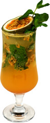 Refreshing tropical passion fruit cocktail with mint garnish, served in an elegant glass, featuring vibrant orange hues and floating passion fruit seeds, perfect for summer drinks and exotic cocktail 