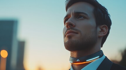 Man wearing futuristic smart collar, city background