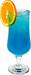 Vibrant blue tropical cocktail in an elegant hurricane glass with ice cubes, garnished with a fresh orange slice, against a black background, evoking a refreshing and exotic beachside drinking