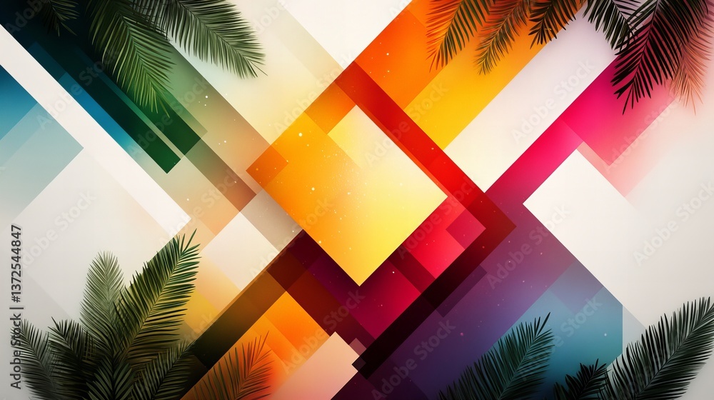 Aufkleber abstract geometric shapes overlay a muted background with palm leaves at various corners, creating a