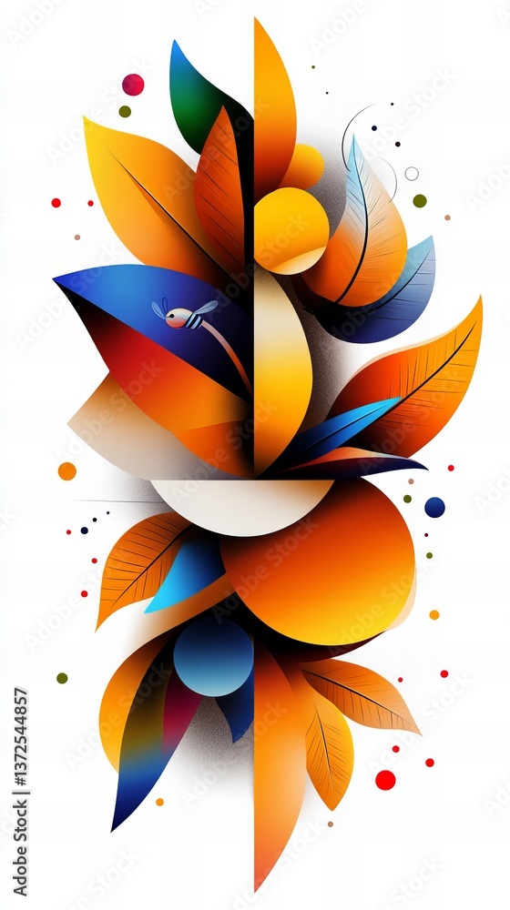 Poster abstract illustration displays colorful leaves and spheres on a white background creating a balanced