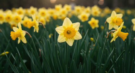 Obraz premium Close up of yellow daffodil flowers in garden. Spring bloom concept for seasonal celebrations and floral decoration inspiration