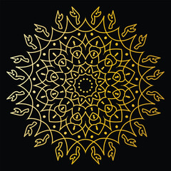 A luxurious gold mandala on a black background, featuring intricate geometric patterns and symmetrical designs. The image radiates balance, elegance, and harmony with a clean, precise style