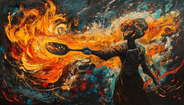 Fiery culinary art painting. A figure wields a flaming spoon, creating a dramatic, surreal cooking scene. Vivid colors and expressive brushstrokes.