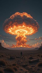 Massive Mushroom Cloud Erupts Over Barren Landscape at Dusk