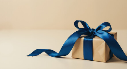 Gift box with blue ribbon bow on beige background. Elegant present concept for celebration occasions and gift wrapping inspiration