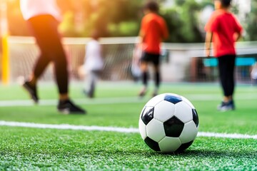 Fototapeta premium Soccer ball on green field with kids playing in the background
