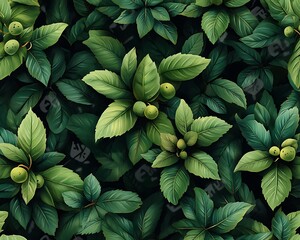 A dense pattern of lush green leaves and small round fruit