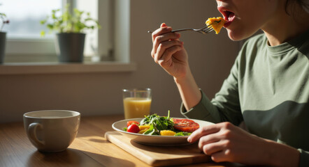 Woman eating healthy salad with vegetables at wooden table. Balanced nutrition concept for wellness program, diet planning, healthy lifestyle promotion