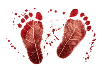 Red footprint impressions of baby feet with small drops.