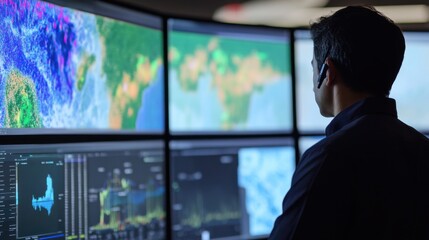 A data scientist designing AI powered predictive systems for environmental disaster forecasting, high-tech weather center with live environmental data, High-tech style