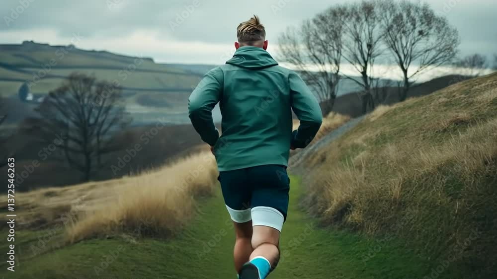 Poster jogger ascending hill along scenic path during cloudy day generative ai