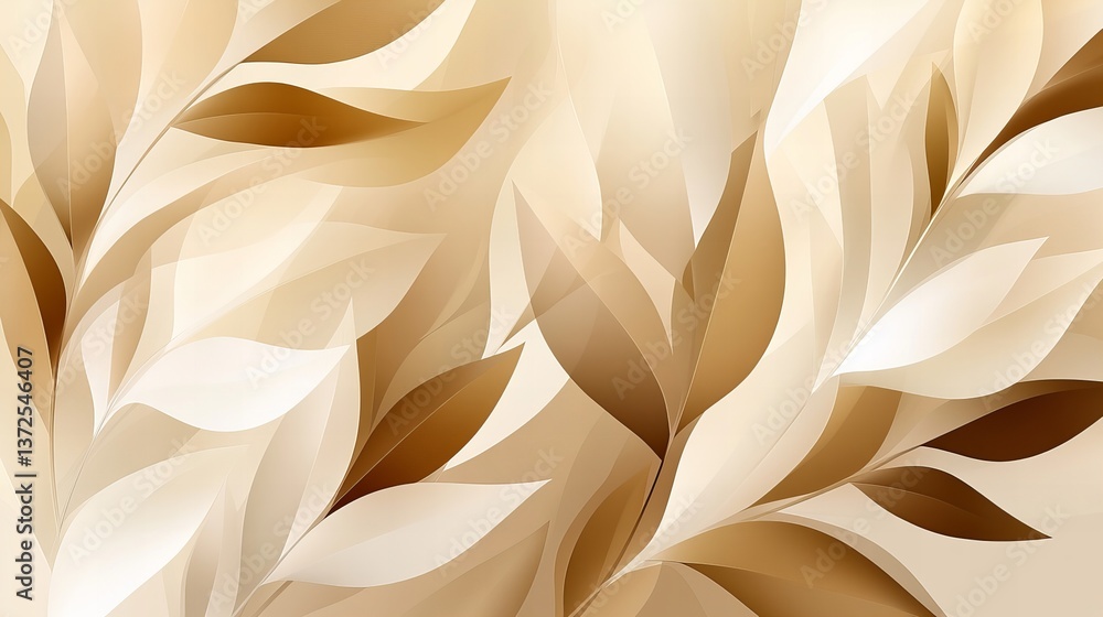 Poster abstract leaf patterns present multiple tones of tan and beige creating a stylized floral presentati