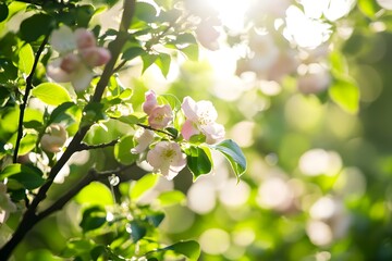 Obraz premium Spring blooms, pink flowers on branches, sunlit green leaves, blurry