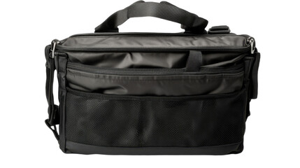 Naklejka premium Black Professional Gear Bag: A sleek, sturdy, and black professional gear bag, showcasing its functional design and durable materials. The bag is captured in a photorealistic view.