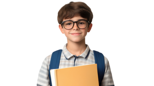 Smart Kid with Glasses: A young, smiling student with glasses stands, holding books with a backpack on, in a studious pose, exuding intelligence and warmth. 