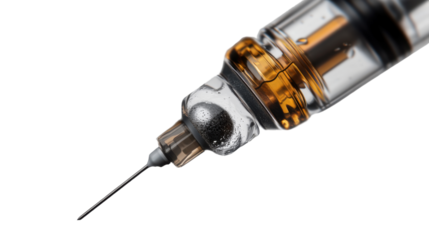 Medical Injection Close-Up: A close-up shot of a medical syringe, capturing the intricate details of the needle and the clear liquid within. Perfect for medical, health.