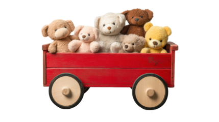 Joyful Teddy Bear Ride: A delightful assortment of plush teddy bears joyfully packed in a classic red wagon. Perfect for evoking childhood nostalgia and warmth. 