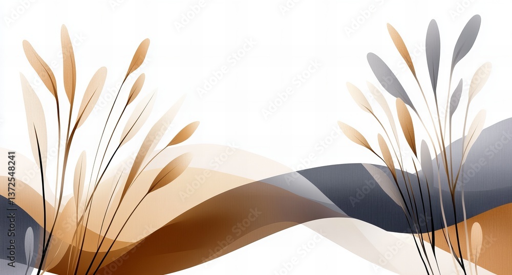 Poster abstract plants appear in a white background with flowing bands of color, creating a tranquil scene.