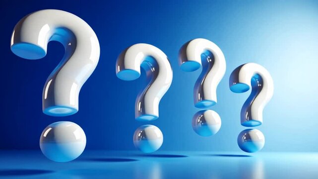 four large white question marks arranged in a row on a blue background. They create a sense of volume and shadow, which gives them a three-dimensional appearance.