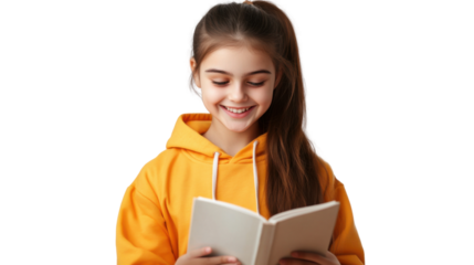 The girl is reading happily: A young girl, immersed in the pages of a book, radiates joy with a genuine smile, capturing the delight of reading.