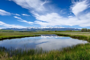 Fototapeta premium Still water reflects sky. Mountain range visible in background. Serene scene