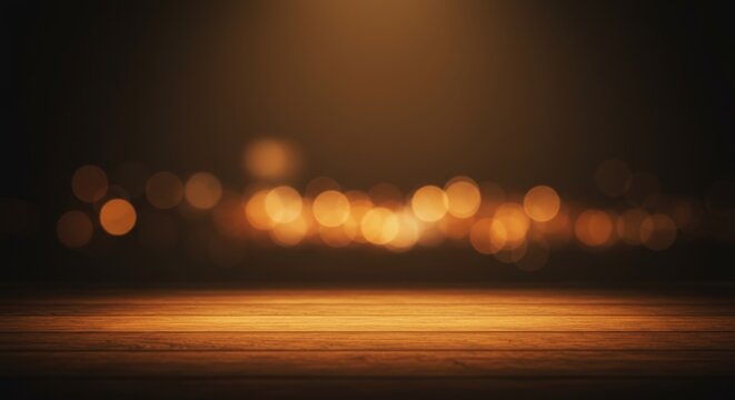 A wooden table with a dark background and a blurry background. The table is empty