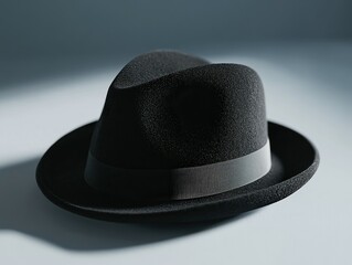 Classic black fedora hat with a gray ribbon band, perfect for adding a touch of sophistication to any outfit.
