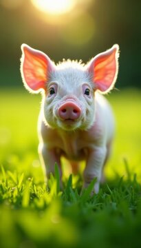 Small piglet enjoying the sunshine in a green grass field on the farm, agriculture, animal, minipig
