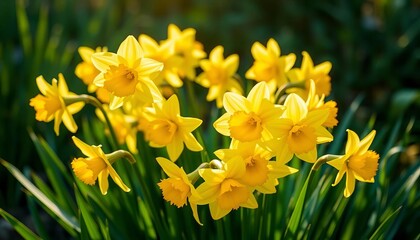 Fototapeta premium Sunlit cluster of vibrant yellow daffodils blooming in a lush green garden, garden flowers, springtime bloom