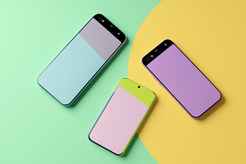 Smartphone display technology with modern colorful devices and gadgets on tabletop