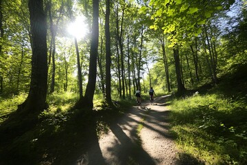 Fototapeta premium Sun shines on bikers riding trail through serene green forest path