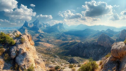 Breathtaking vista of rugged mountains under a serene sky with fluffy clouds offering a sense of adventure and natural beauty from a high vantage point