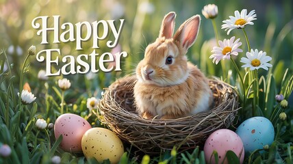 Adorable Easter Bunny Sitting in Bird&rsquo;s Nest Surrounded by Delicate Spring Flowers Pastel-Colored Speckled Eggs Against a Soft-Focused Natural Background Capturing Essence of Easter and Spring Renewal