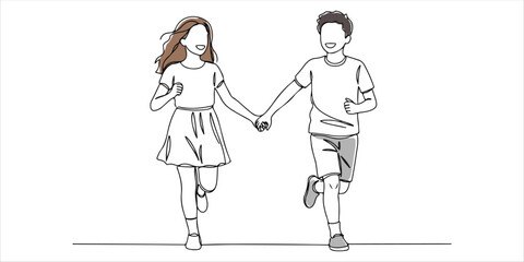 girl and boy running hand in hand continuous single line art drawing sketch on white background